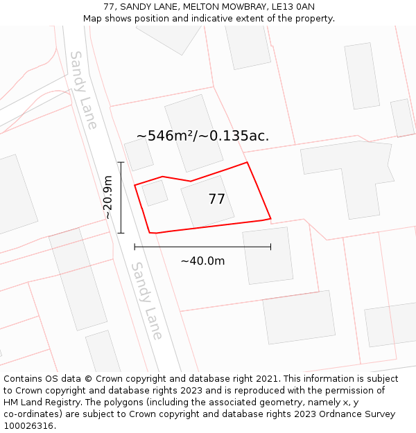 77, SANDY LANE, MELTON MOWBRAY, LE13 0AN: Plot and title map