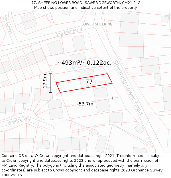 77, SHEERING LOWER ROAD, SAWBRIDGEWORTH, CM21 9LG: Plot and title map