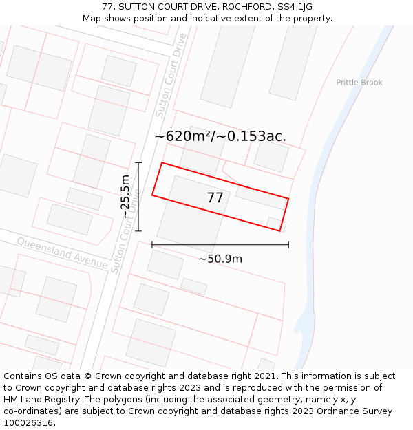 77, SUTTON COURT DRIVE, ROCHFORD, SS4 1JG: Plot and title map