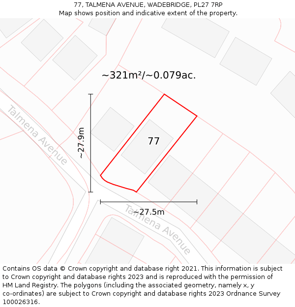 77, TALMENA AVENUE, WADEBRIDGE, PL27 7RP: Plot and title map