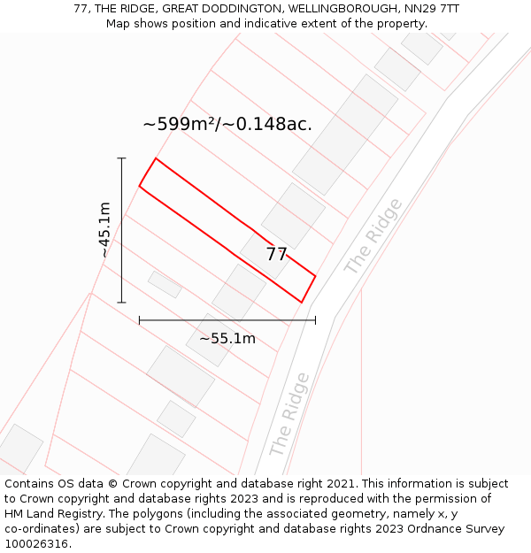 77, THE RIDGE, GREAT DODDINGTON, WELLINGBOROUGH, NN29 7TT: Plot and title map