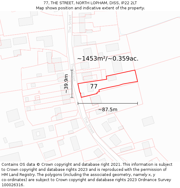 77, THE STREET, NORTH LOPHAM, DISS, IP22 2LT: Plot and title map