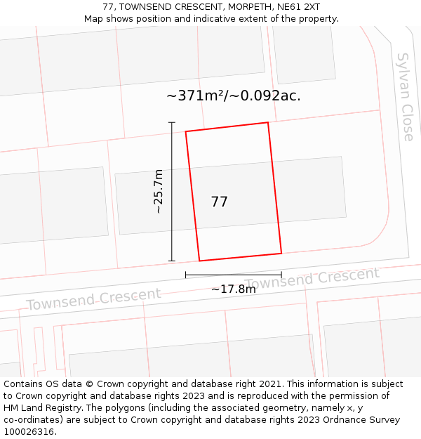 77, TOWNSEND CRESCENT, MORPETH, NE61 2XT: Plot and title map