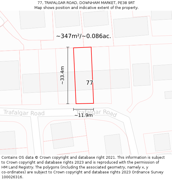 77, TRAFALGAR ROAD, DOWNHAM MARKET, PE38 9RT: Plot and title map