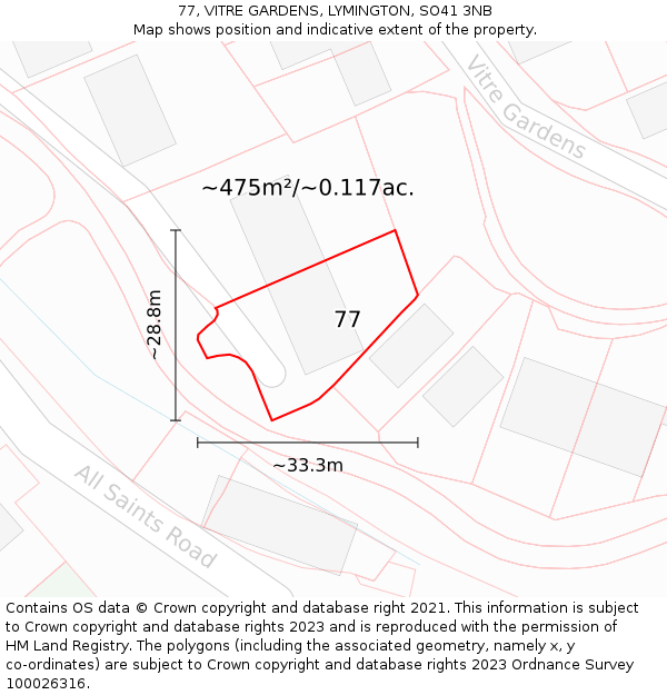 77, VITRE GARDENS, LYMINGTON, SO41 3NB: Plot and title map