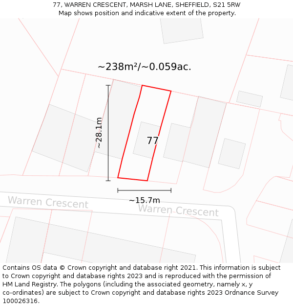 77, WARREN CRESCENT, MARSH LANE, SHEFFIELD, S21 5RW: Plot and title map