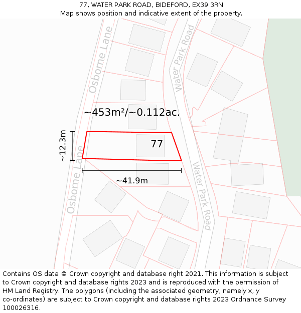 77, WATER PARK ROAD, BIDEFORD, EX39 3RN: Plot and title map