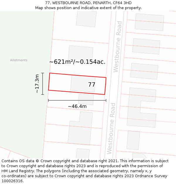 77, WESTBOURNE ROAD, PENARTH, CF64 3HD: Plot and title map