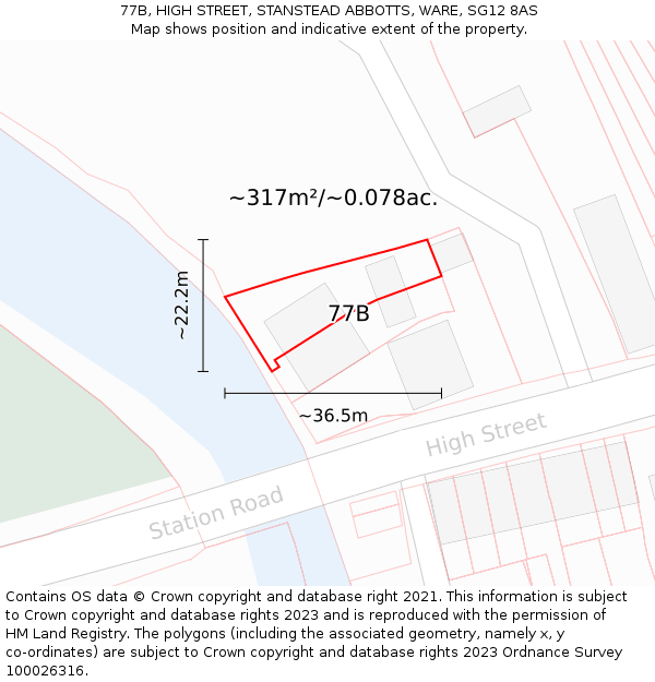 77B, HIGH STREET, STANSTEAD ABBOTTS, WARE, SG12 8AS: Plot and title map