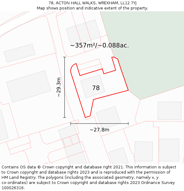 78, ACTON HALL WALKS, WREXHAM, LL12 7YJ: Plot and title map