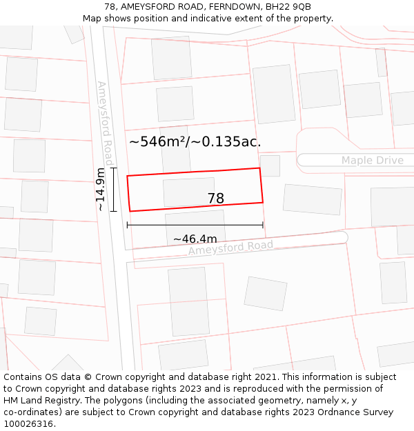 78, AMEYSFORD ROAD, FERNDOWN, BH22 9QB: Plot and title map