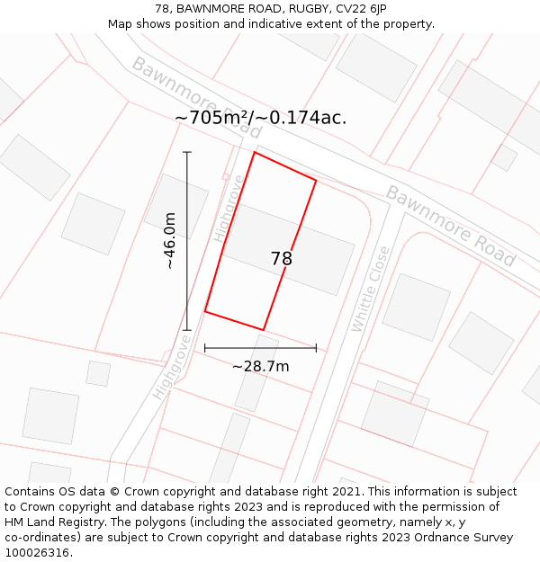 78, BAWNMORE ROAD, RUGBY, CV22 6JP: Plot and title map