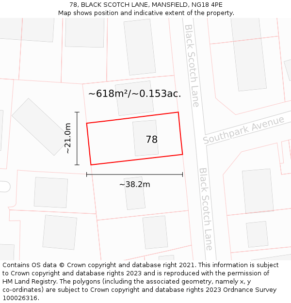 78, BLACK SCOTCH LANE, MANSFIELD, NG18 4PE: Plot and title map