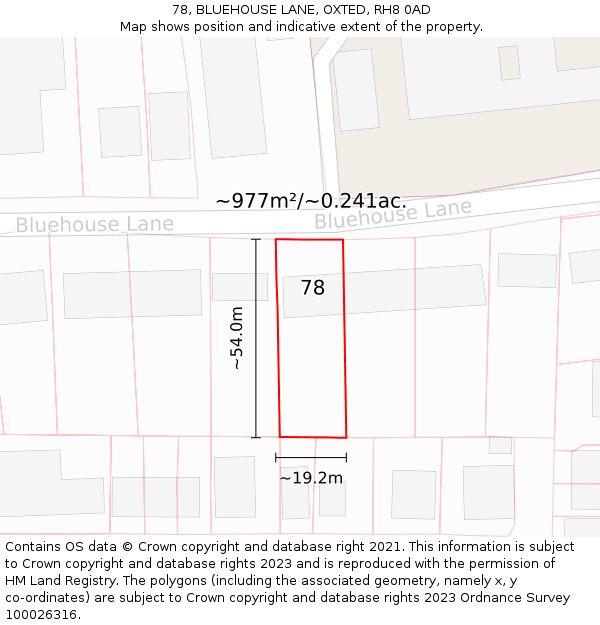 78, BLUEHOUSE LANE, OXTED, RH8 0AD: Plot and title map