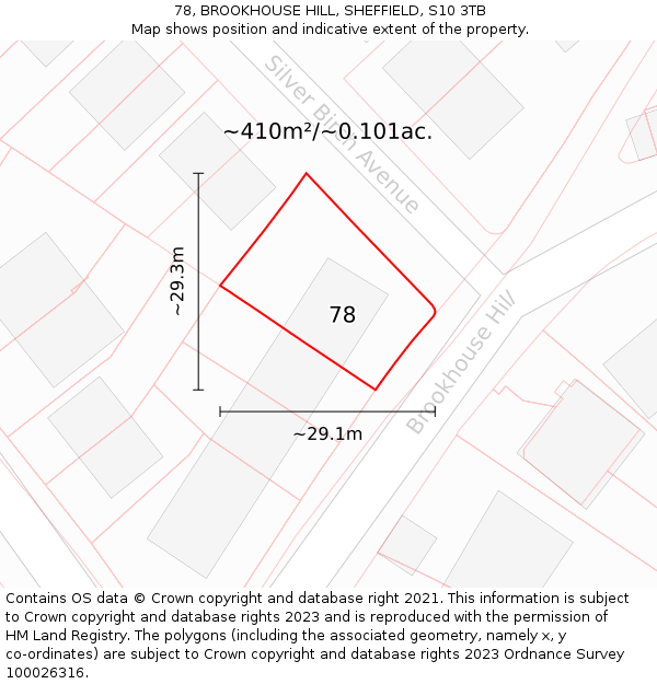 78, BROOKHOUSE HILL, SHEFFIELD, S10 3TB: Plot and title map