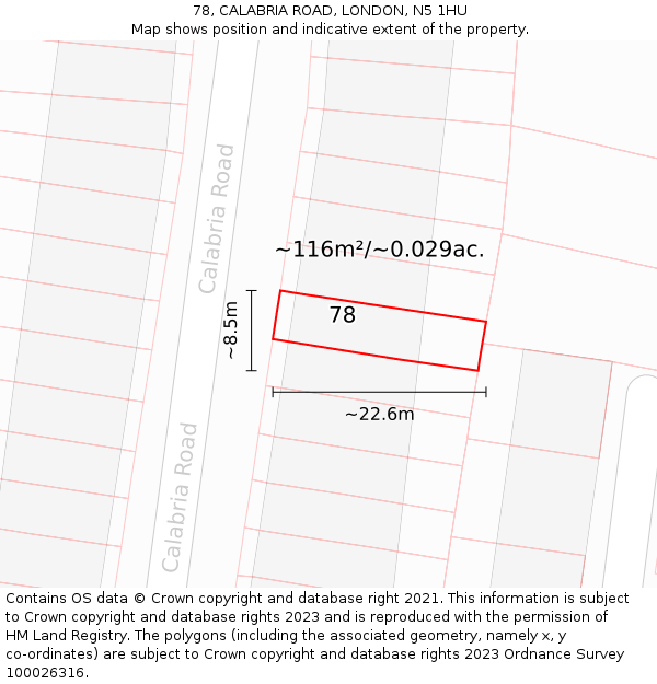 78, CALABRIA ROAD, LONDON, N5 1HU: Plot and title map