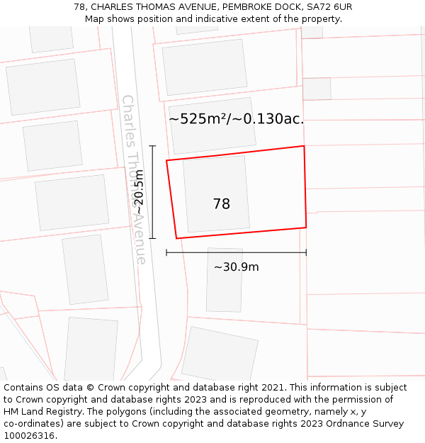 78, CHARLES THOMAS AVENUE, PEMBROKE DOCK, SA72 6UR: Plot and title map