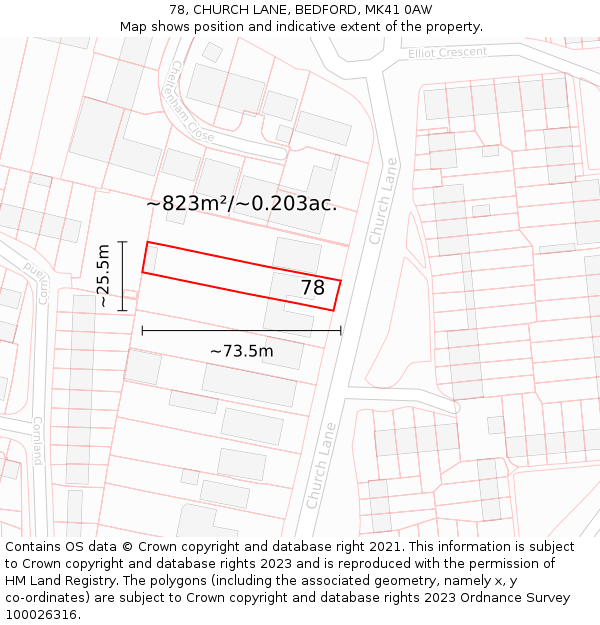 78, CHURCH LANE, BEDFORD, MK41 0AW: Plot and title map