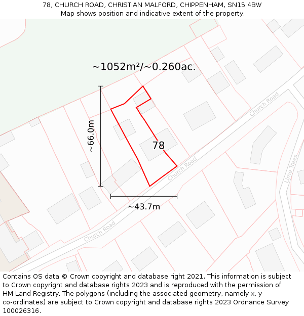 78, CHURCH ROAD, CHRISTIAN MALFORD, CHIPPENHAM, SN15 4BW: Plot and title map