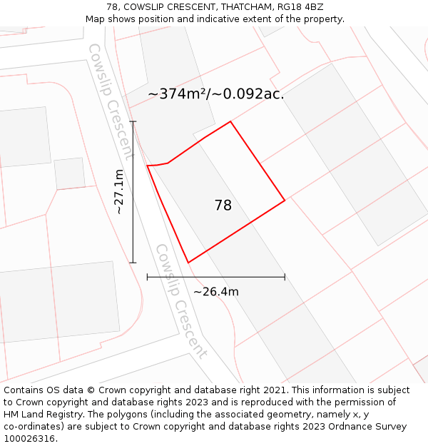 78, COWSLIP CRESCENT, THATCHAM, RG18 4BZ: Plot and title map