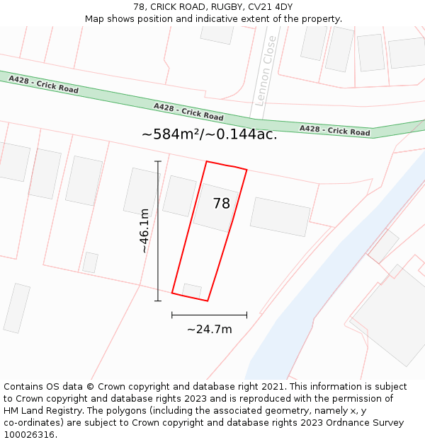 78, CRICK ROAD, RUGBY, CV21 4DY: Plot and title map
