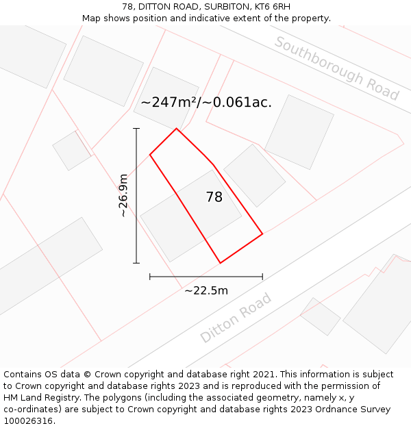 78, DITTON ROAD, SURBITON, KT6 6RH: Plot and title map