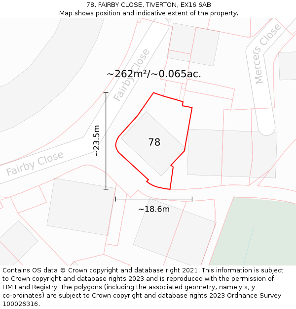 78, FAIRBY CLOSE, TIVERTON, EX16 6AB: Plot and title map