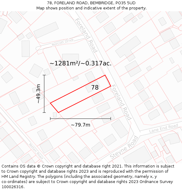 78, FORELAND ROAD, BEMBRIDGE, PO35 5UD: Plot and title map