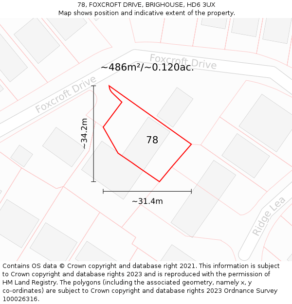 78, FOXCROFT DRIVE, BRIGHOUSE, HD6 3UX: Plot and title map