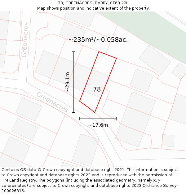 78, GREENACRES, BARRY, CF63 2PL: Plot and title map