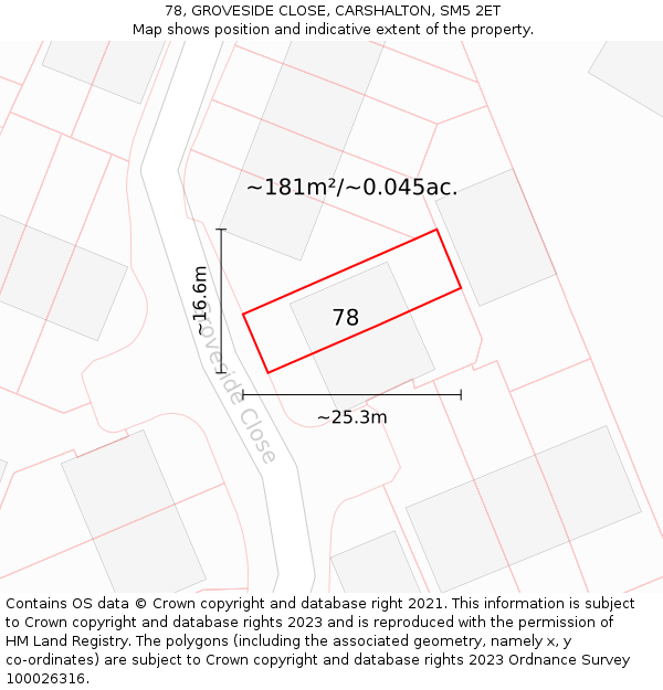 78, GROVESIDE CLOSE, CARSHALTON, SM5 2ET: Plot and title map