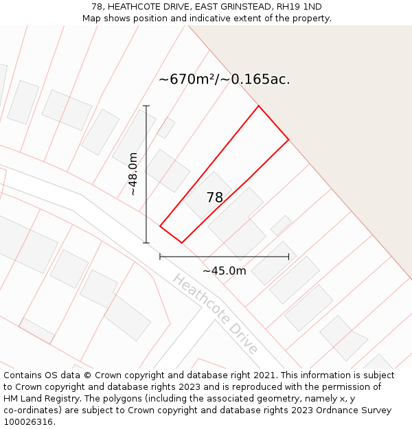 78, HEATHCOTE DRIVE, EAST GRINSTEAD, RH19 1ND: Plot and title map