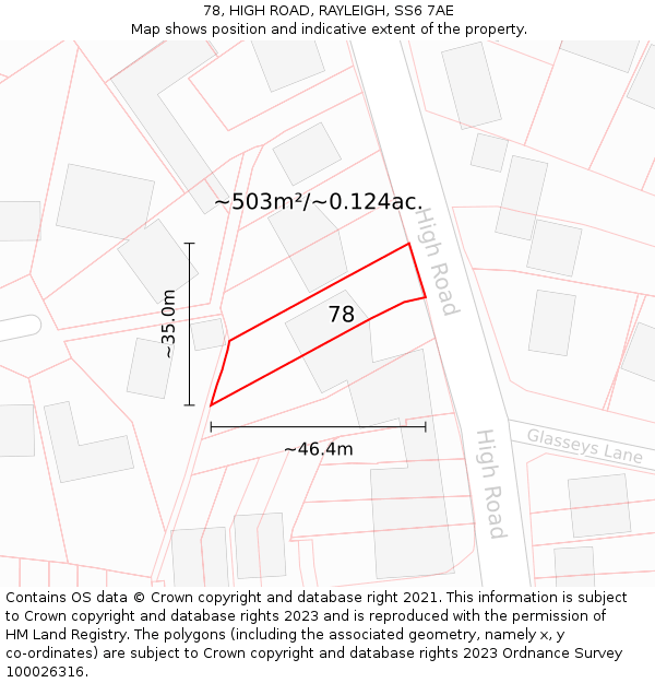 78, HIGH ROAD, RAYLEIGH, SS6 7AE: Plot and title map