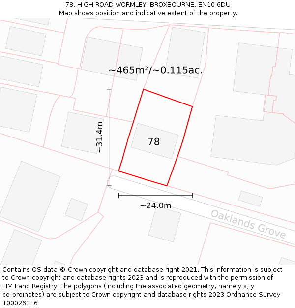 78, HIGH ROAD WORMLEY, BROXBOURNE, EN10 6DU: Plot and title map