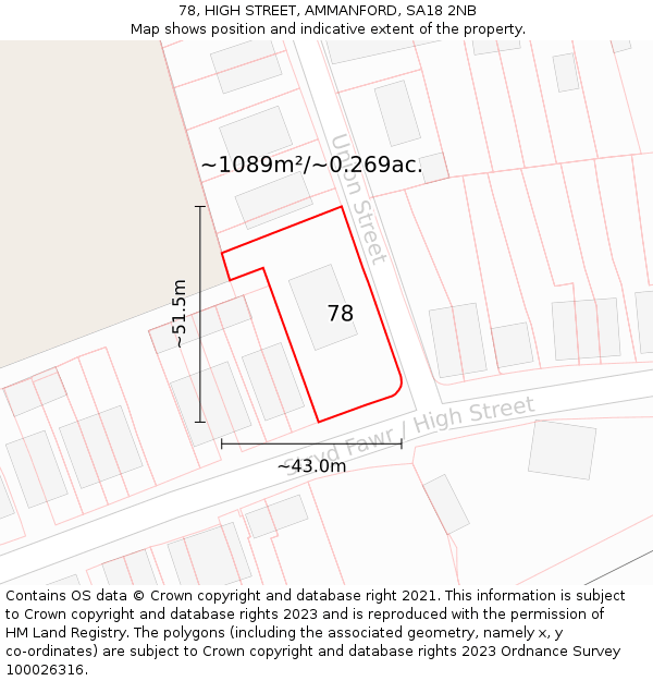 78, HIGH STREET, AMMANFORD, SA18 2NB: Plot and title map