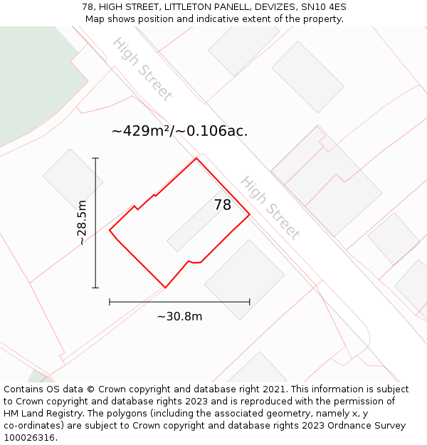 78, HIGH STREET, LITTLETON PANELL, DEVIZES, SN10 4ES: Plot and title map