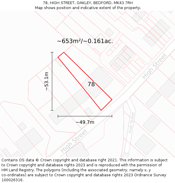 78, HIGH STREET, OAKLEY, BEDFORD, MK43 7RH: Plot and title map