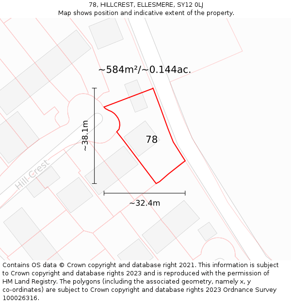 78, HILLCREST, ELLESMERE, SY12 0LJ: Plot and title map