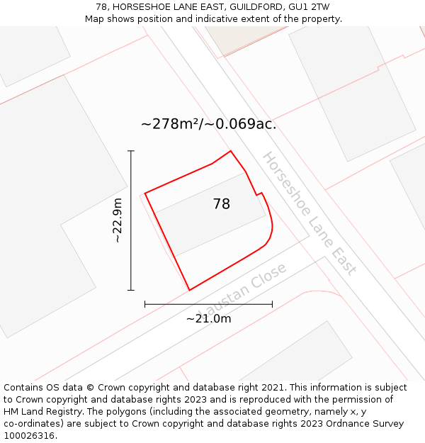 78, HORSESHOE LANE EAST, GUILDFORD, GU1 2TW: Plot and title map