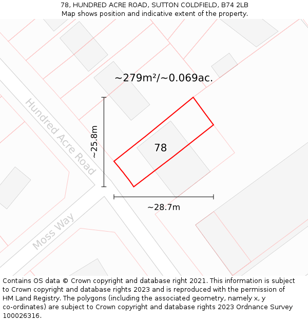 78, HUNDRED ACRE ROAD, SUTTON COLDFIELD, B74 2LB: Plot and title map