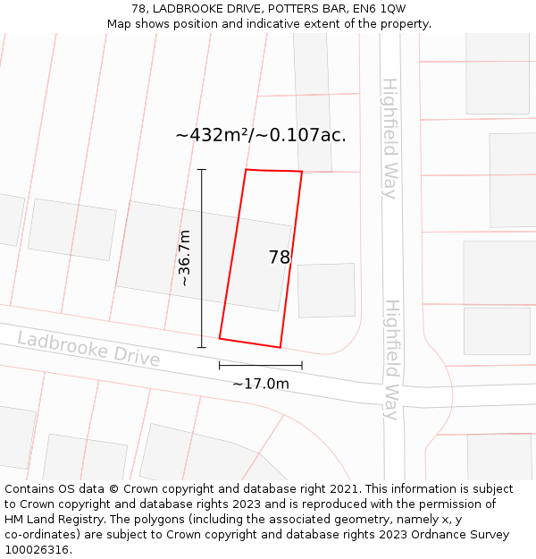 78, LADBROOKE DRIVE, POTTERS BAR, EN6 1QW: Plot and title map