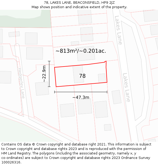 78, LAKES LANE, BEACONSFIELD, HP9 2JZ: Plot and title map