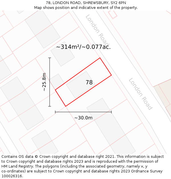 78, LONDON ROAD, SHREWSBURY, SY2 6PN: Plot and title map