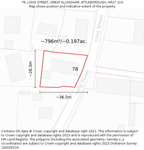 78, LONG STREET, GREAT ELLINGHAM, ATTLEBOROUGH, NR17 1LN: Plot and title map