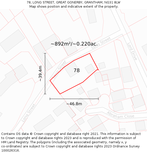 78, LONG STREET, GREAT GONERBY, GRANTHAM, NG31 8LW: Plot and title map