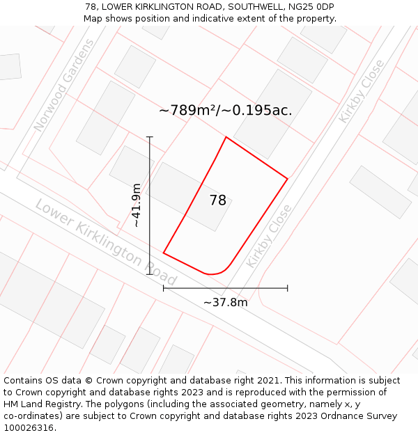 78, LOWER KIRKLINGTON ROAD, SOUTHWELL, NG25 0DP: Plot and title map