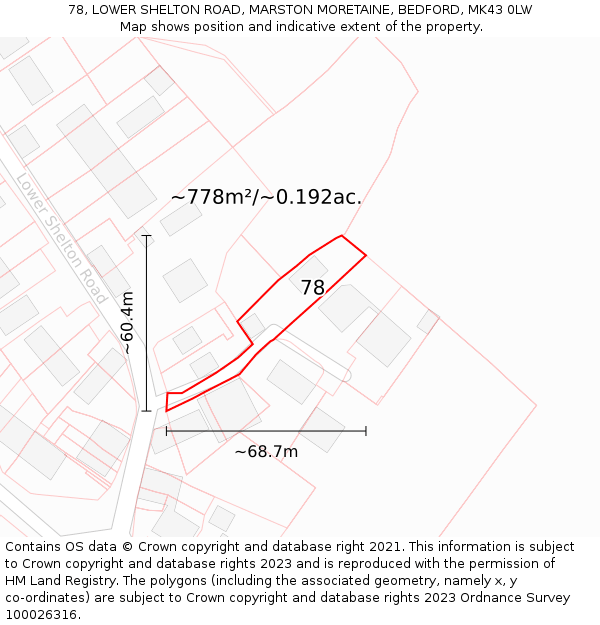 78, LOWER SHELTON ROAD, MARSTON MORETAINE, BEDFORD, MK43 0LW: Plot and title map