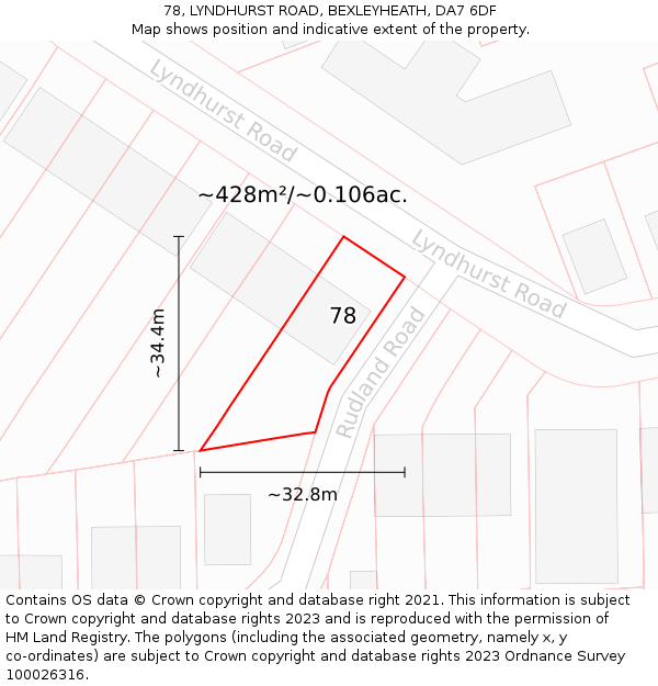 78, LYNDHURST ROAD, BEXLEYHEATH, DA7 6DF: Plot and title map