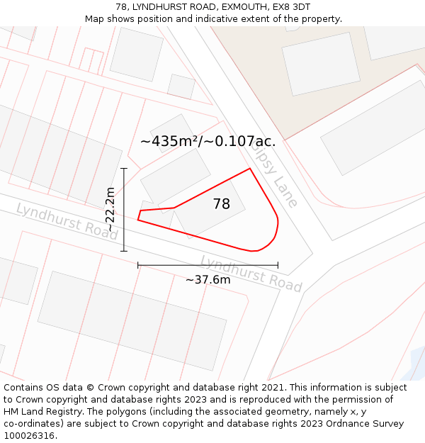 78, LYNDHURST ROAD, EXMOUTH, EX8 3DT: Plot and title map