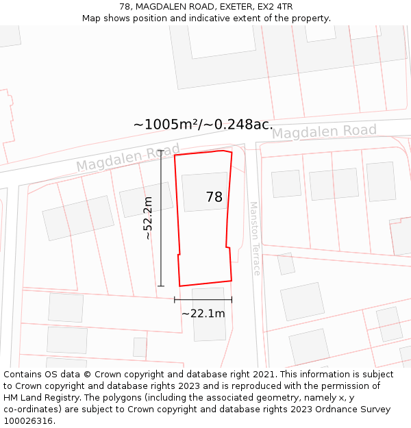 78, MAGDALEN ROAD, EXETER, EX2 4TR: Plot and title map